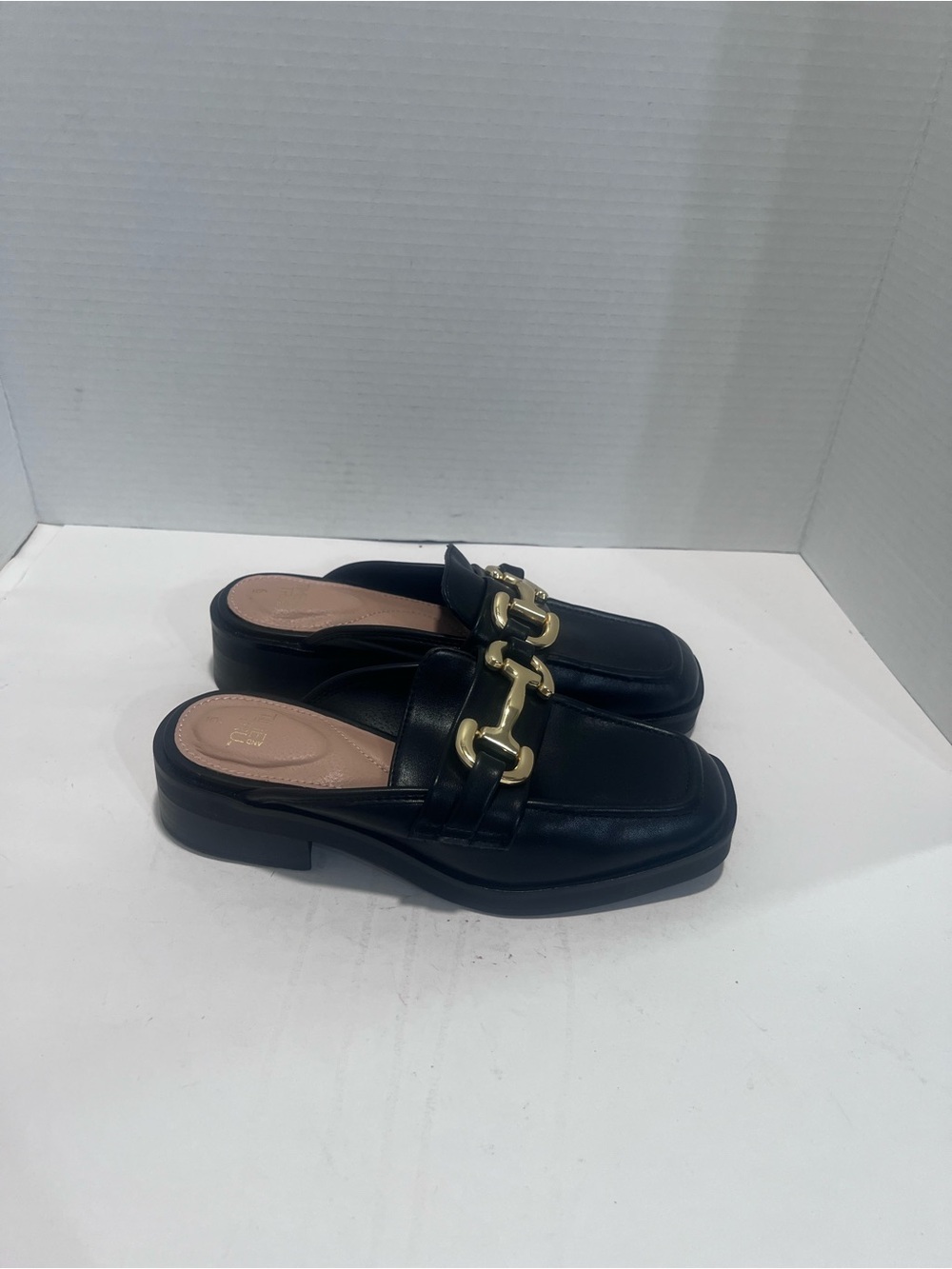 Time and Tru Black Leather Mule Loafers with Gold Buckle